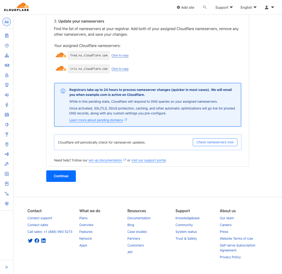 Screenshot of changing nameservers in the WordPress Cloudflare plugin setup, continued