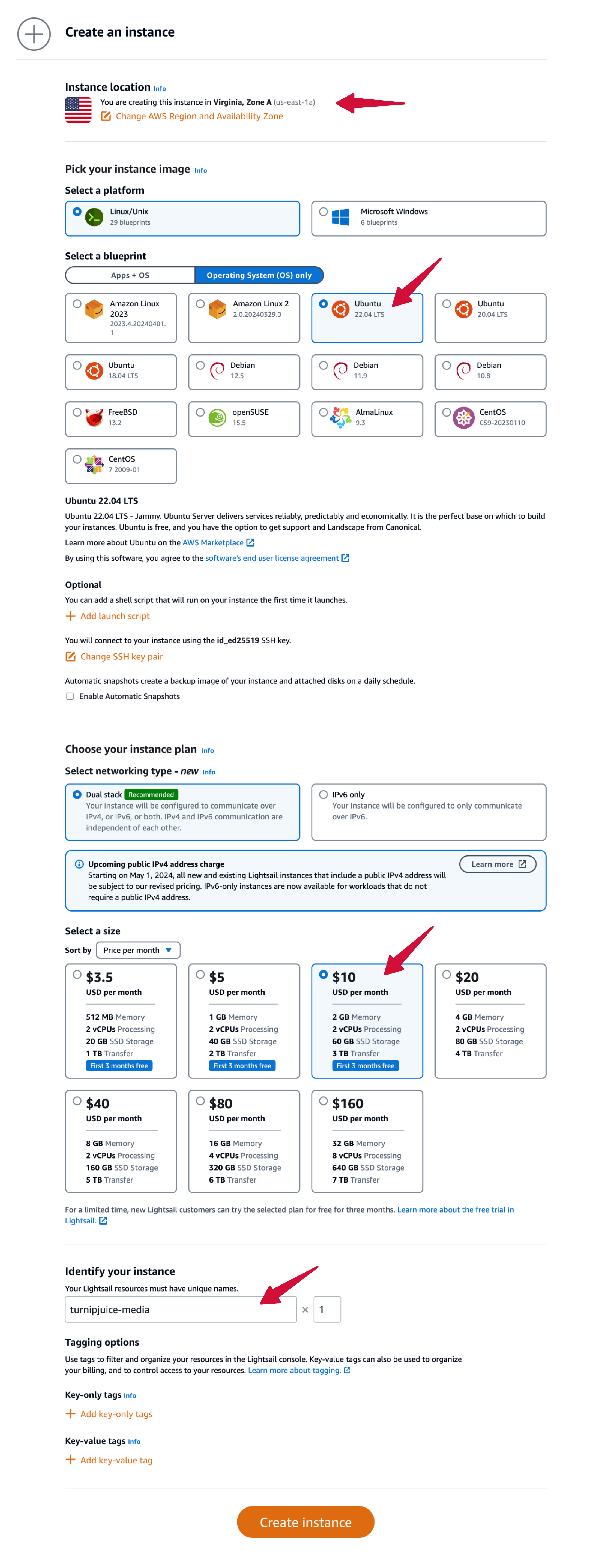 Create an instance in Lightsail