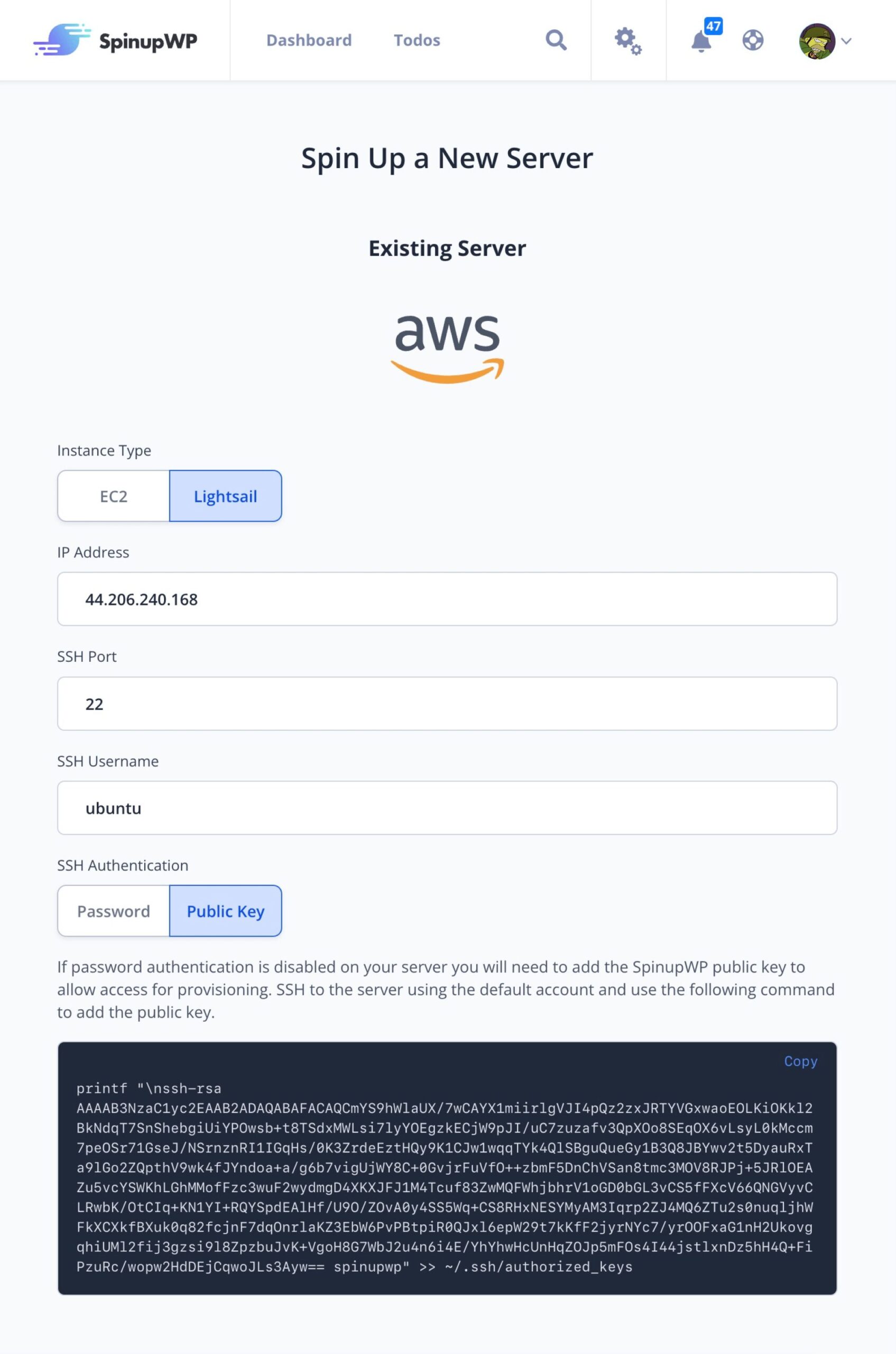 Provisioning a Lightsail server in SpinupWP
