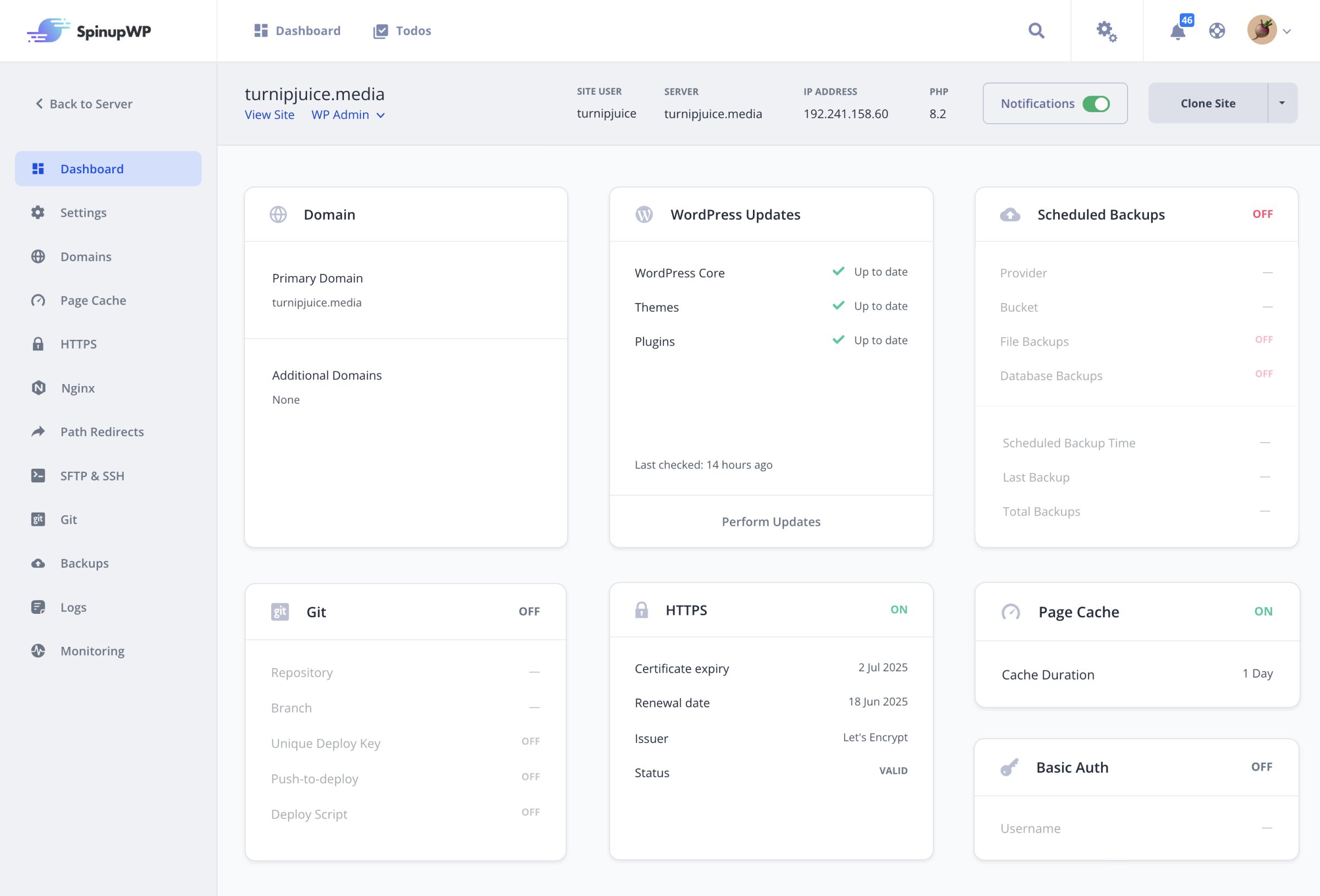 viewing a site dashboard